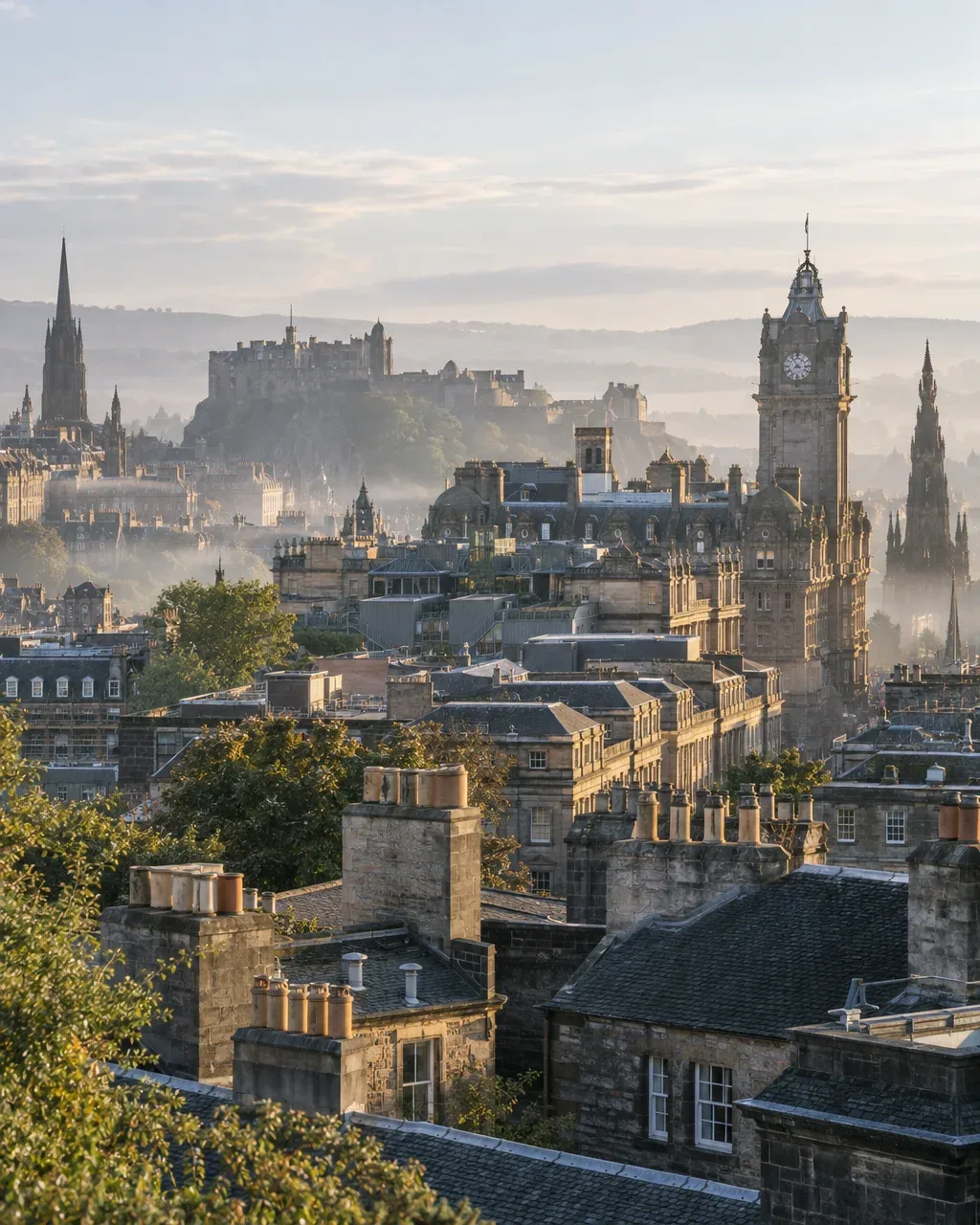 Edinburgh's Old Town rooftops and spires in early-morning mist