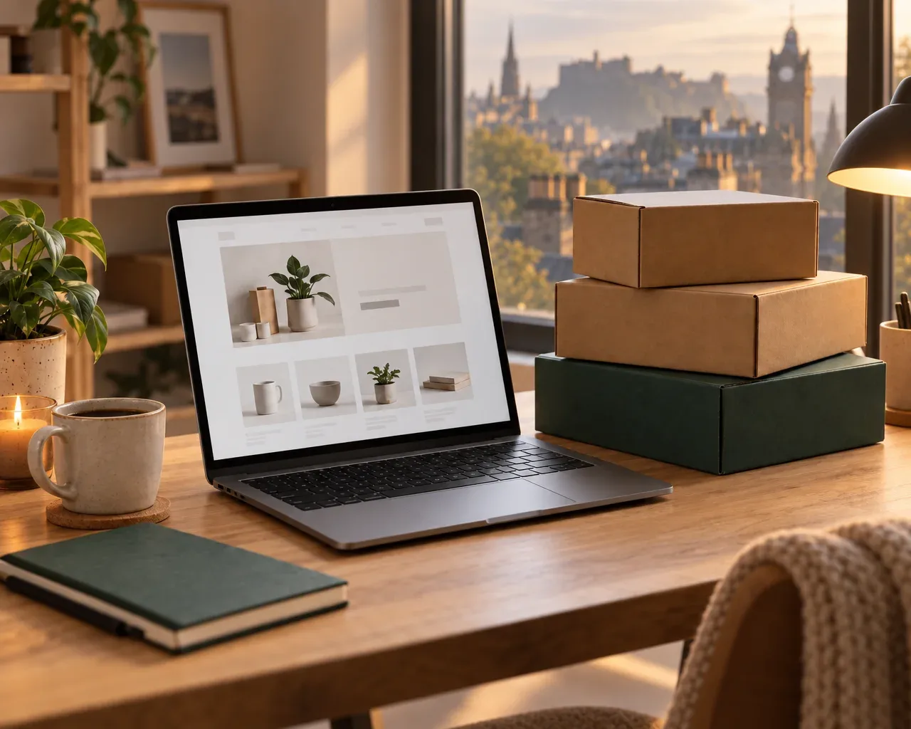 A founder's desk at golden hour with a laptop showing a subscription store, kraft shipping boxes and a mug of coffee, Edinburgh's castle and rooftops through the window