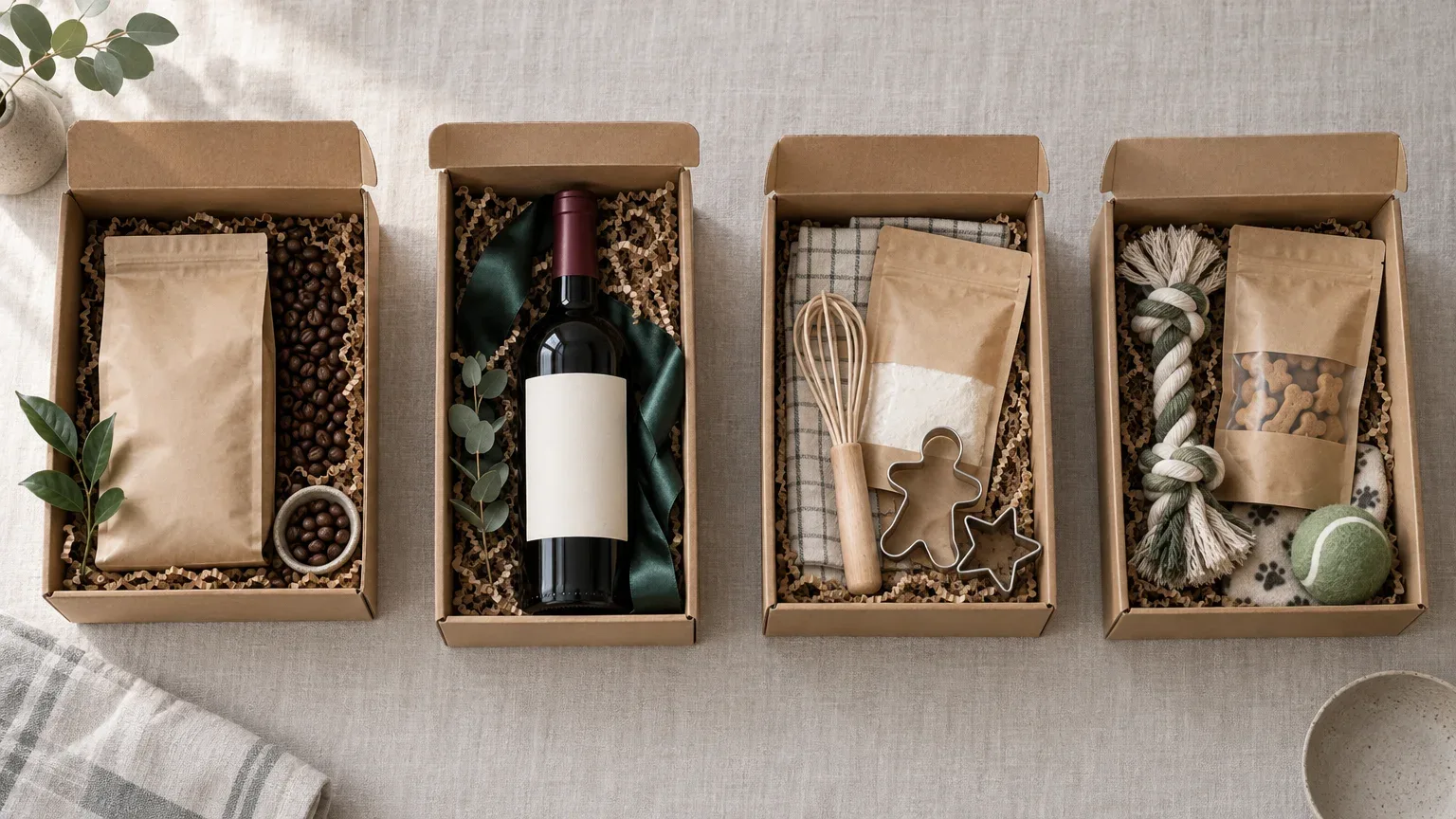 Four open subscription boxes in a row: coffee beans, a bottle of wine, a children's baking kit and dog treats with a rope toy