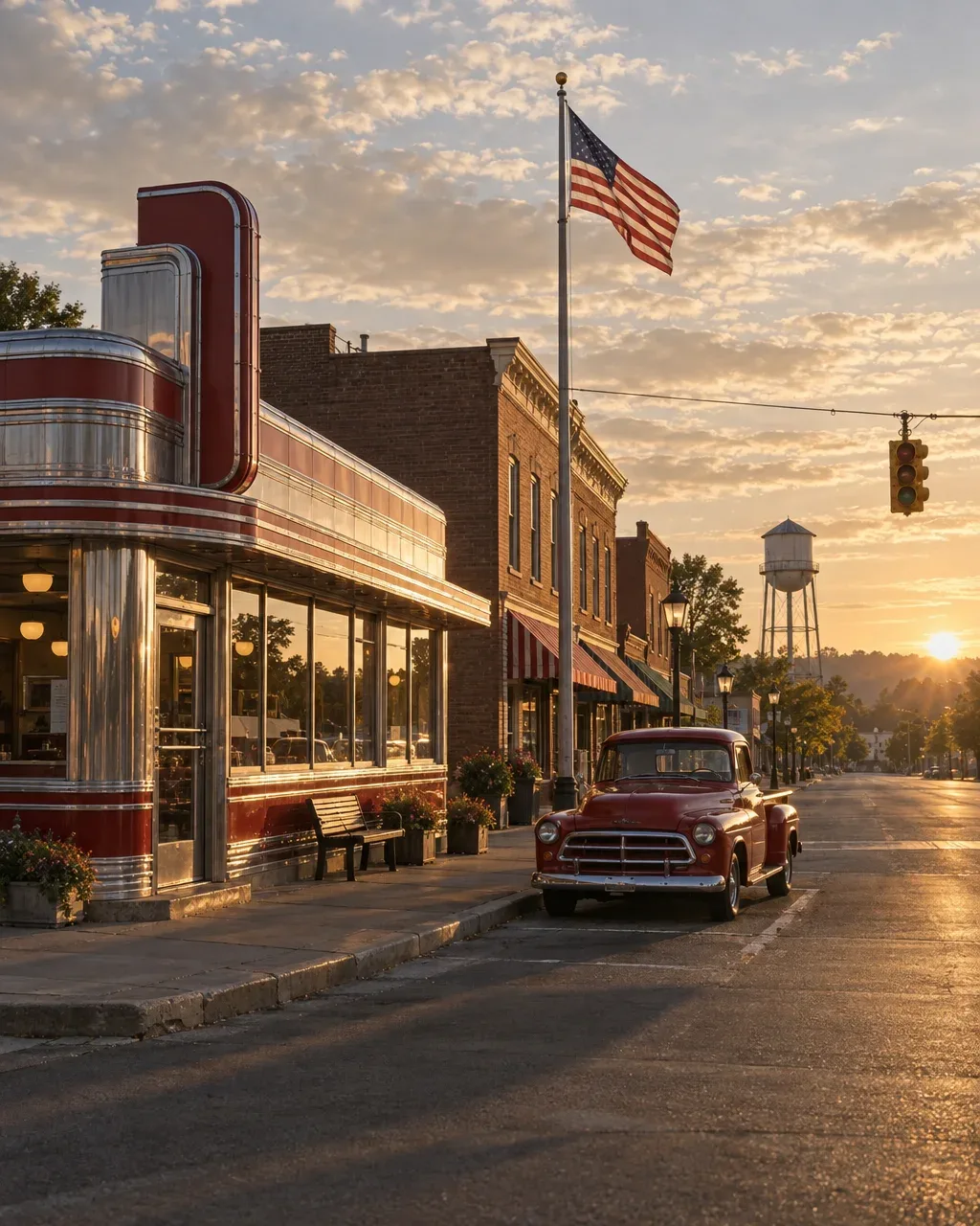 A classic American Main Street at golden hour: a chrome diner, a red vintage pickup, an American flag and a water tower