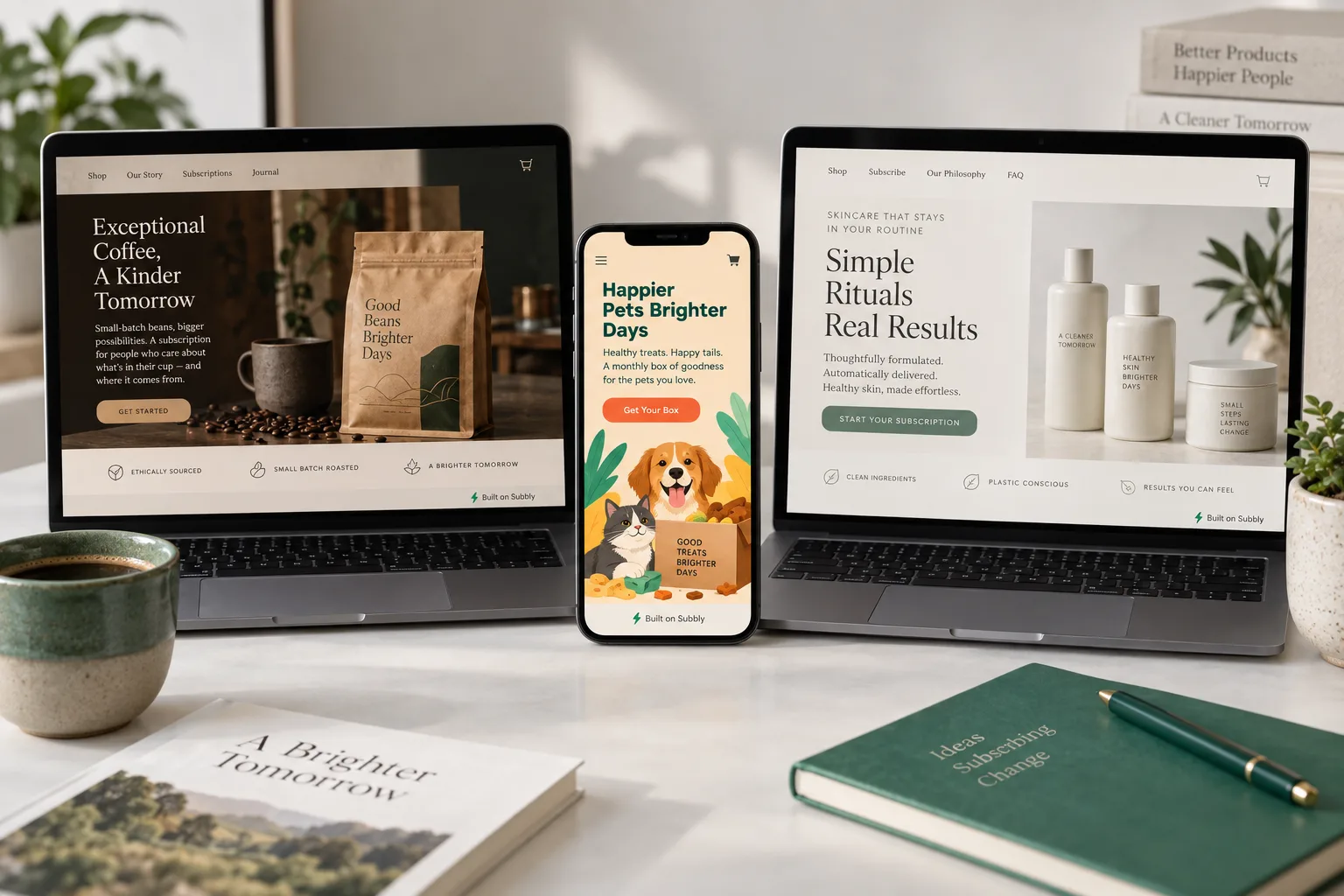 Three subscription storefronts, each with its own brand identity, side by side on laptop and phone