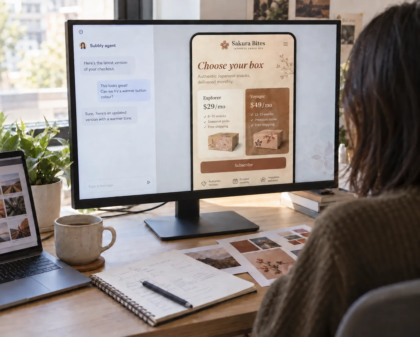 A designer reviewing a client's Subbly checkout with the agent panel open.