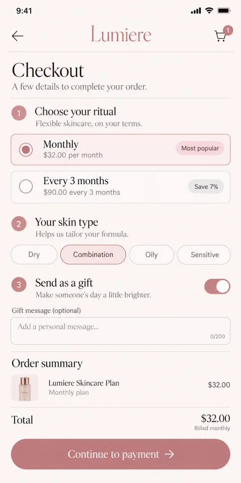 Lumiere: a beauty box checkout at the plan step