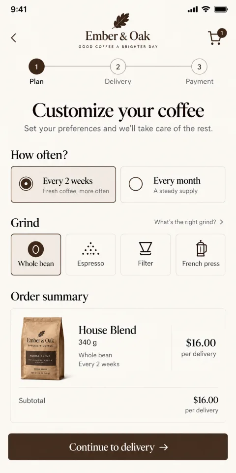 Ember & Oak: a coffee replenishment checkout at the plan step