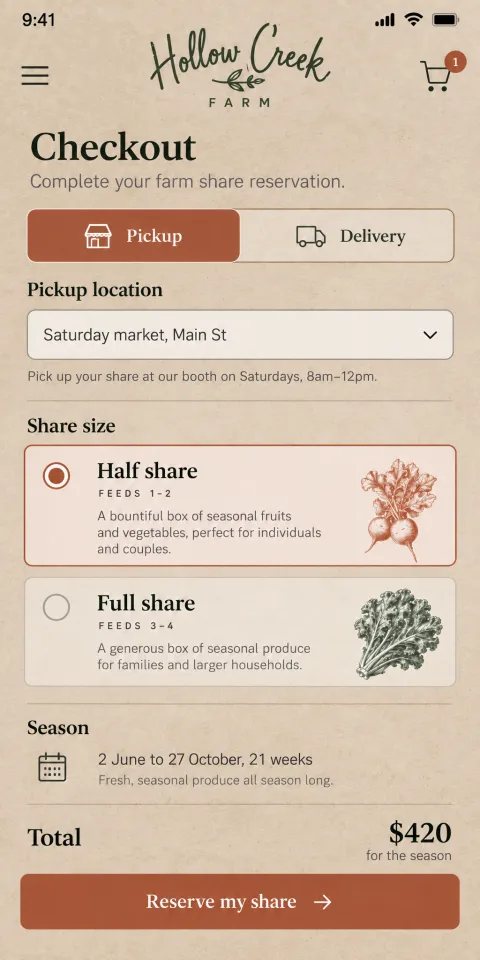 Hollow Creek Farm: a farm share checkout at the plan step