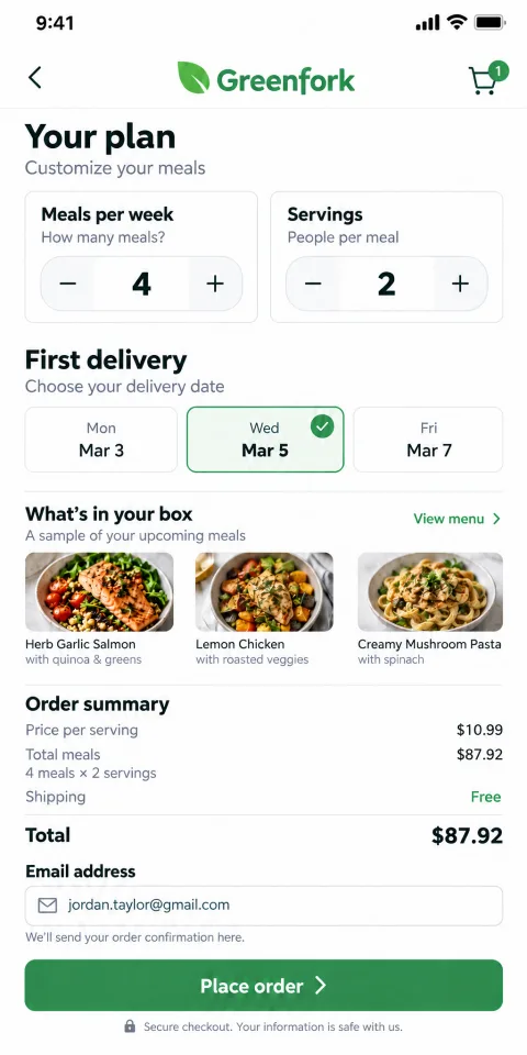 Greenfork: a meal kit checkout at the plan step