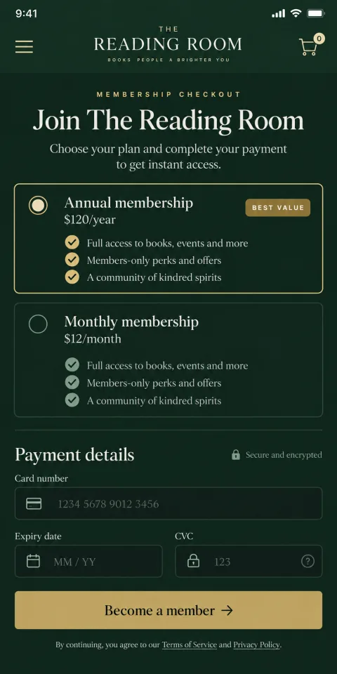 The Reading Room: a membership checkout at the plan step