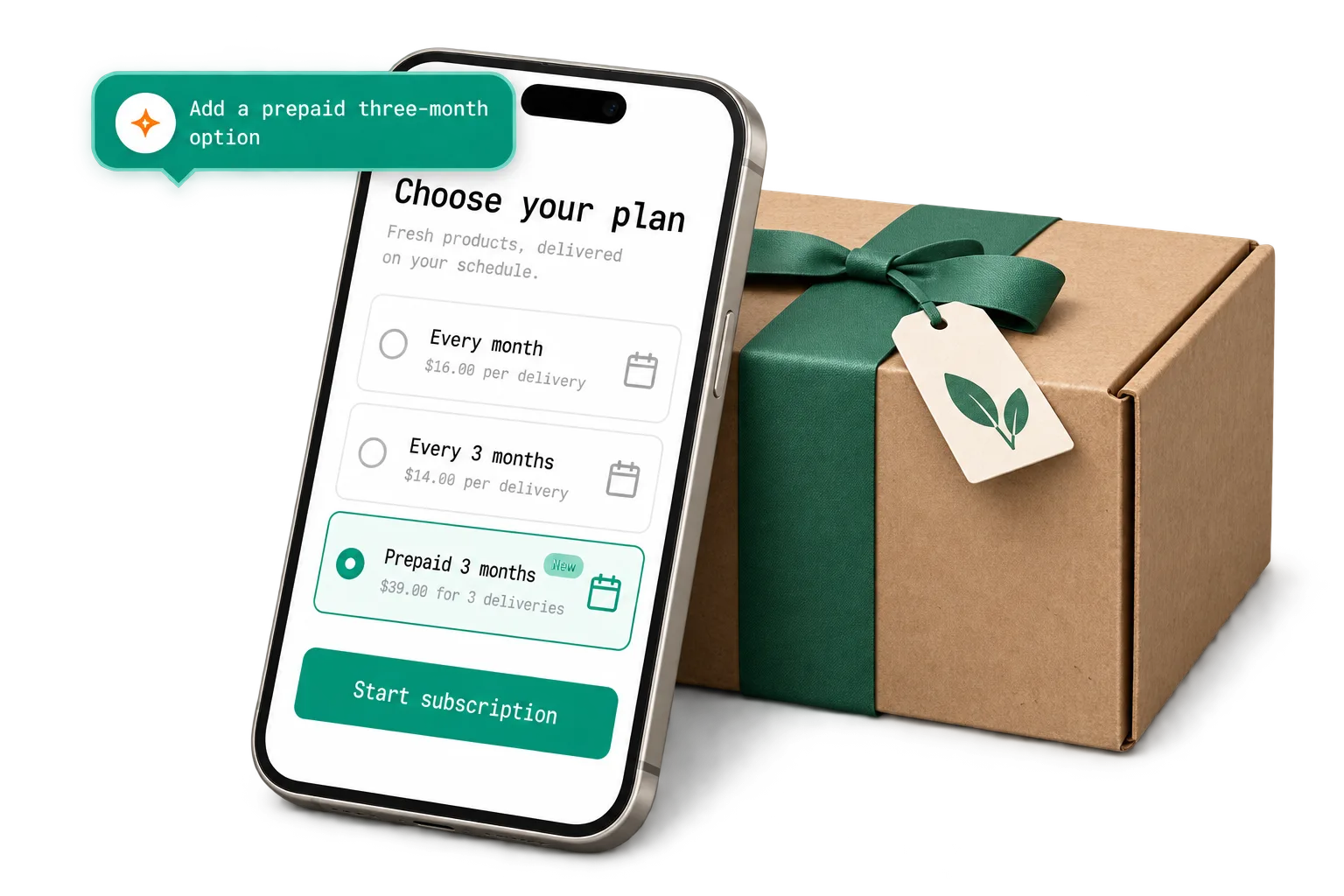 A phone plan picker with a new Prepaid 3 months option, the chat prompt that added it, and a wrapped subscription box