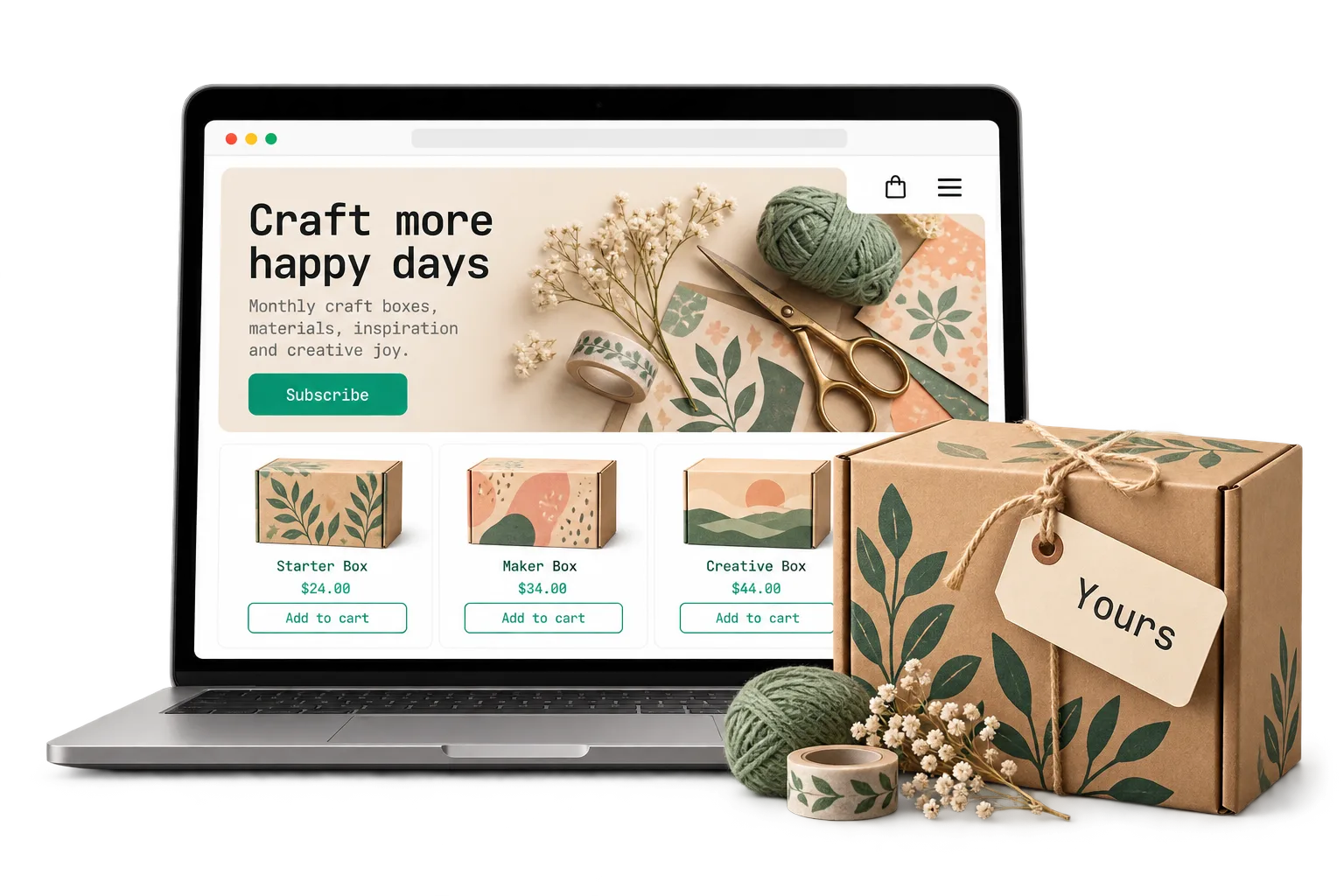 A craft box brand's own store on a laptop, with its printed box tagged Yours