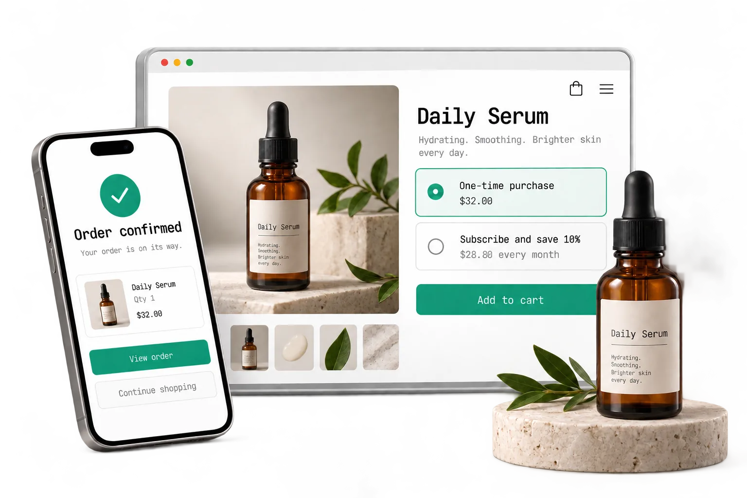 A serum product page with a one-time purchase or subscribe and save choice, and an order confirmation on a phone