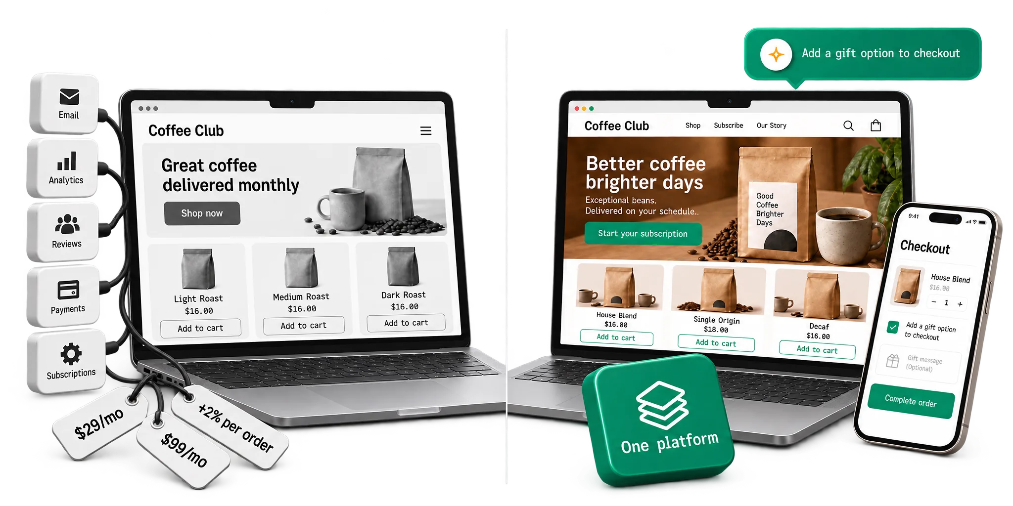 The same coffee brand's store two ways: a grey template with app tiles and monthly fee tags bolted on, and its own Subbly store with one checkout and the chat prompt that changed it