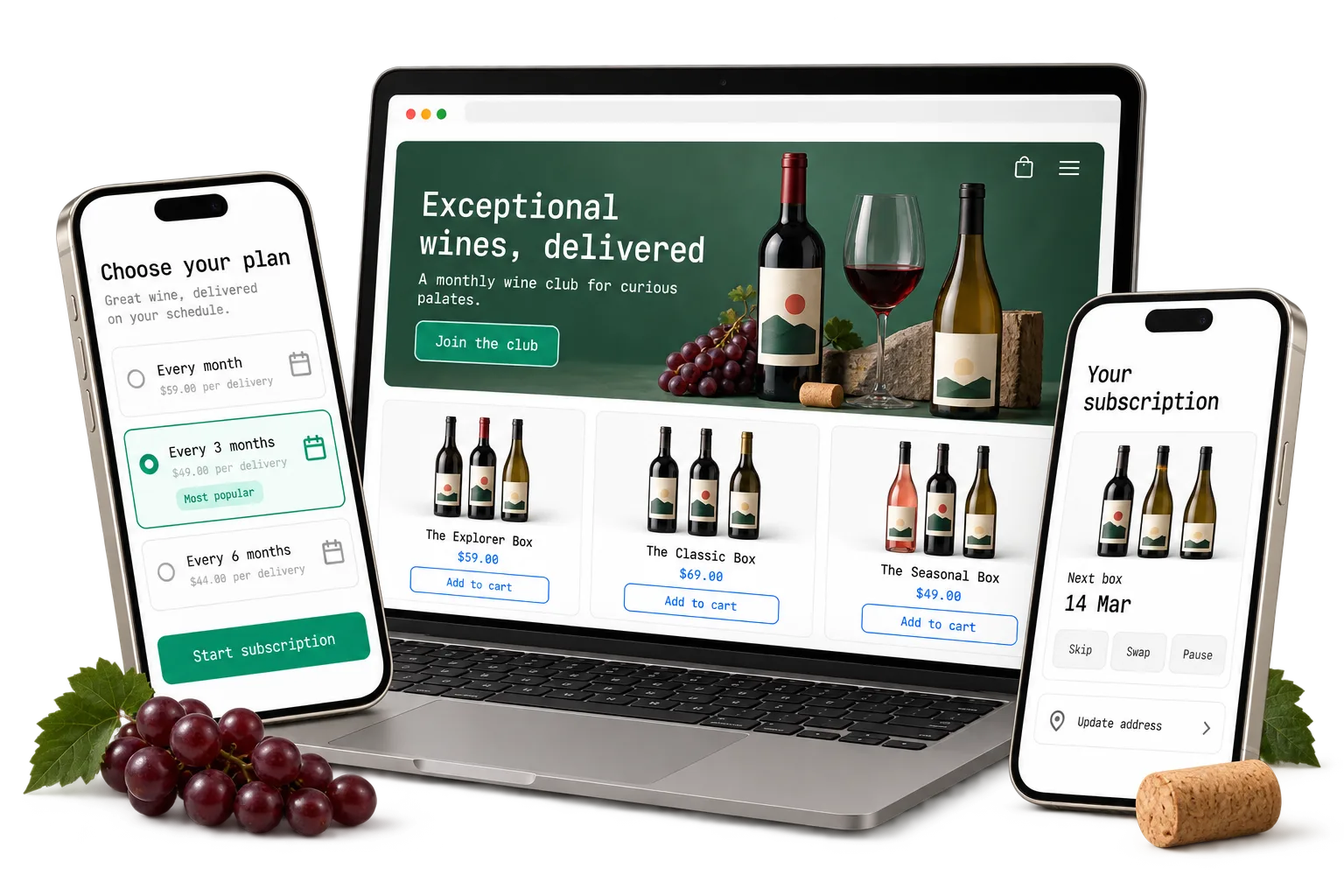 A wine club store on a laptop with its plan picker and subscriber account page on phones