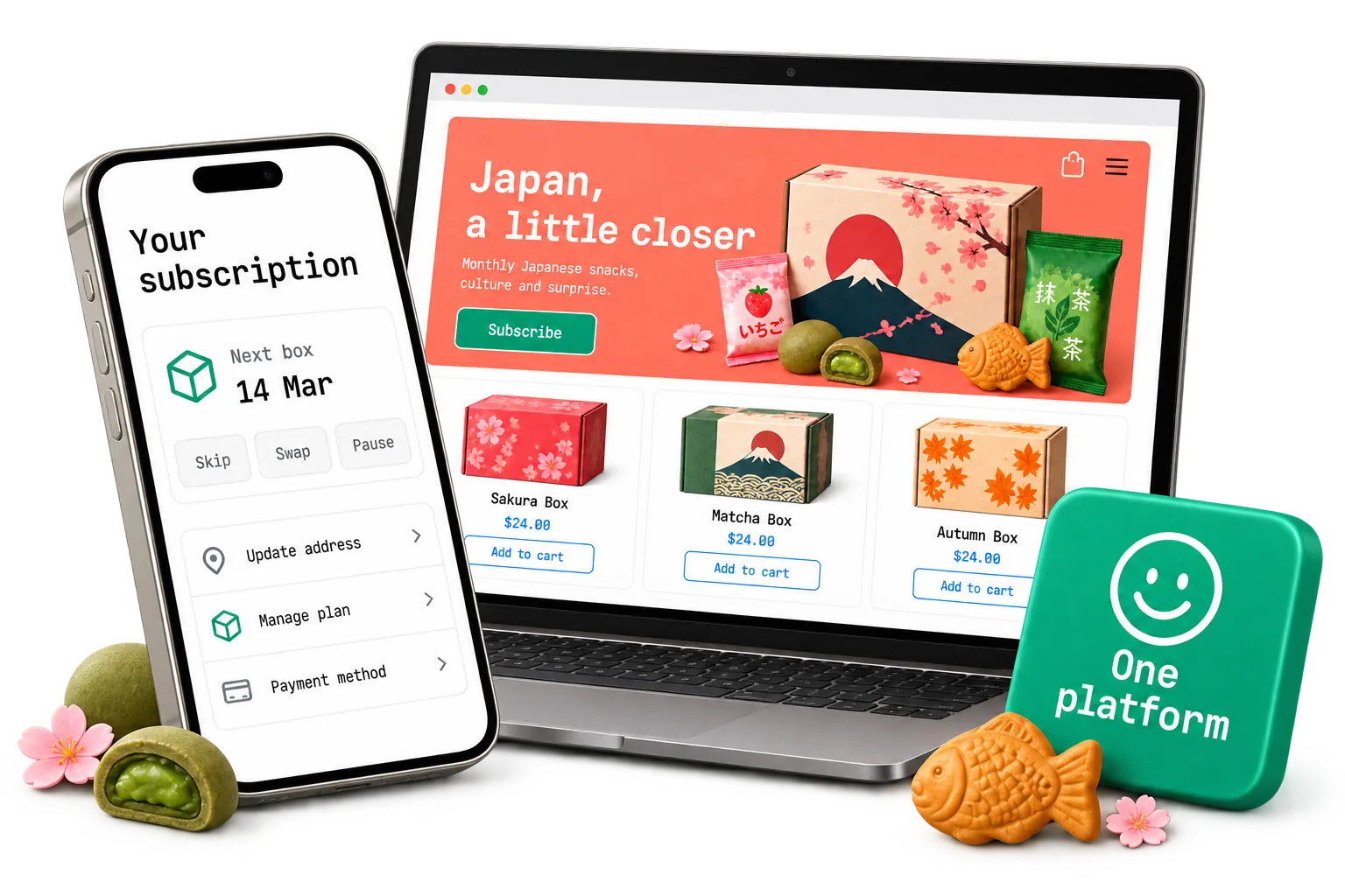 A snack box store on a laptop and the subscriber's account page on a phone, with a tile reading One platform