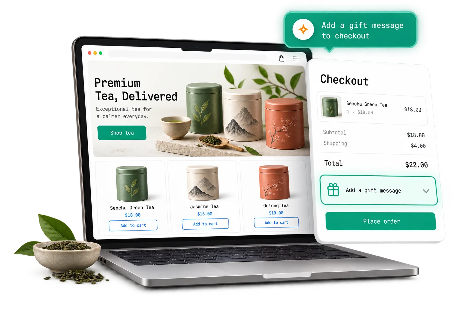 A tea store on a laptop with a checkout panel where a gift message was just added, and the chat prompt that asked for it