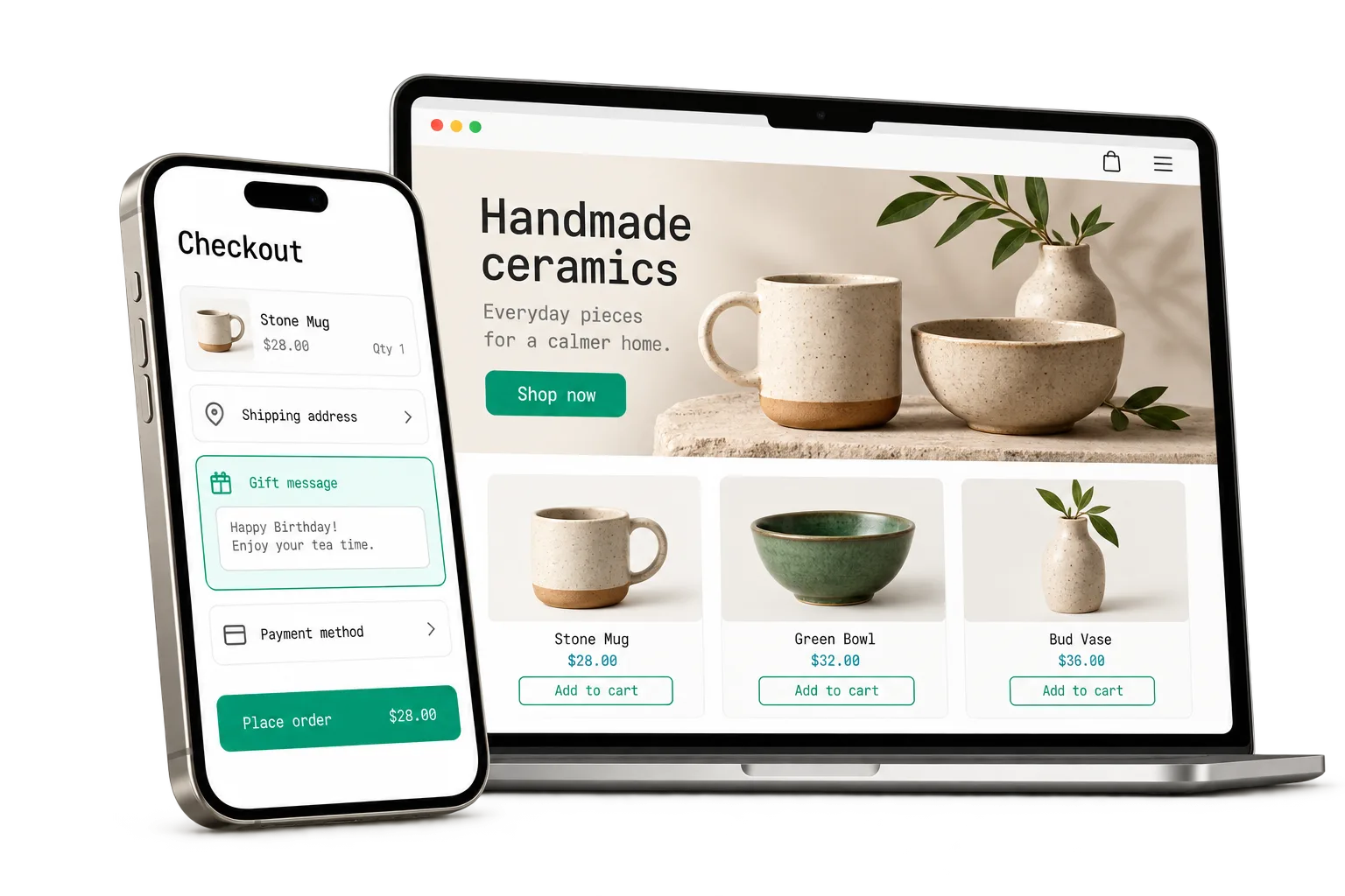 A handmade ceramics store on a laptop and its phone checkout with a gift message