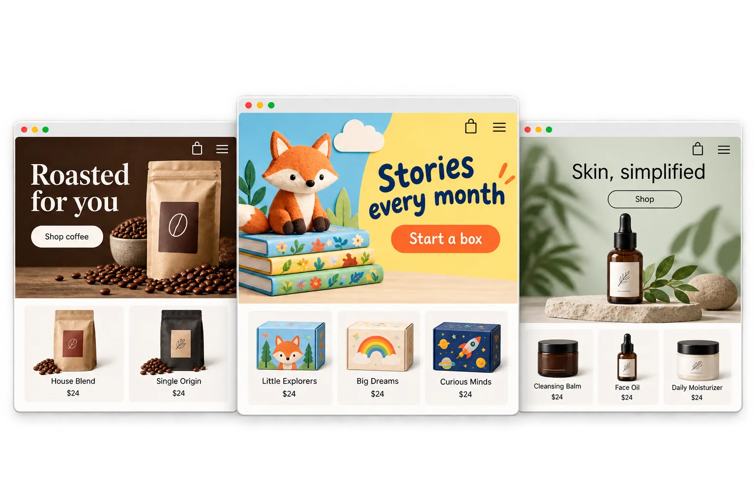 Three Subbly stores for a coffee roaster, a children's book box and a skincare brand, each designed around its brand