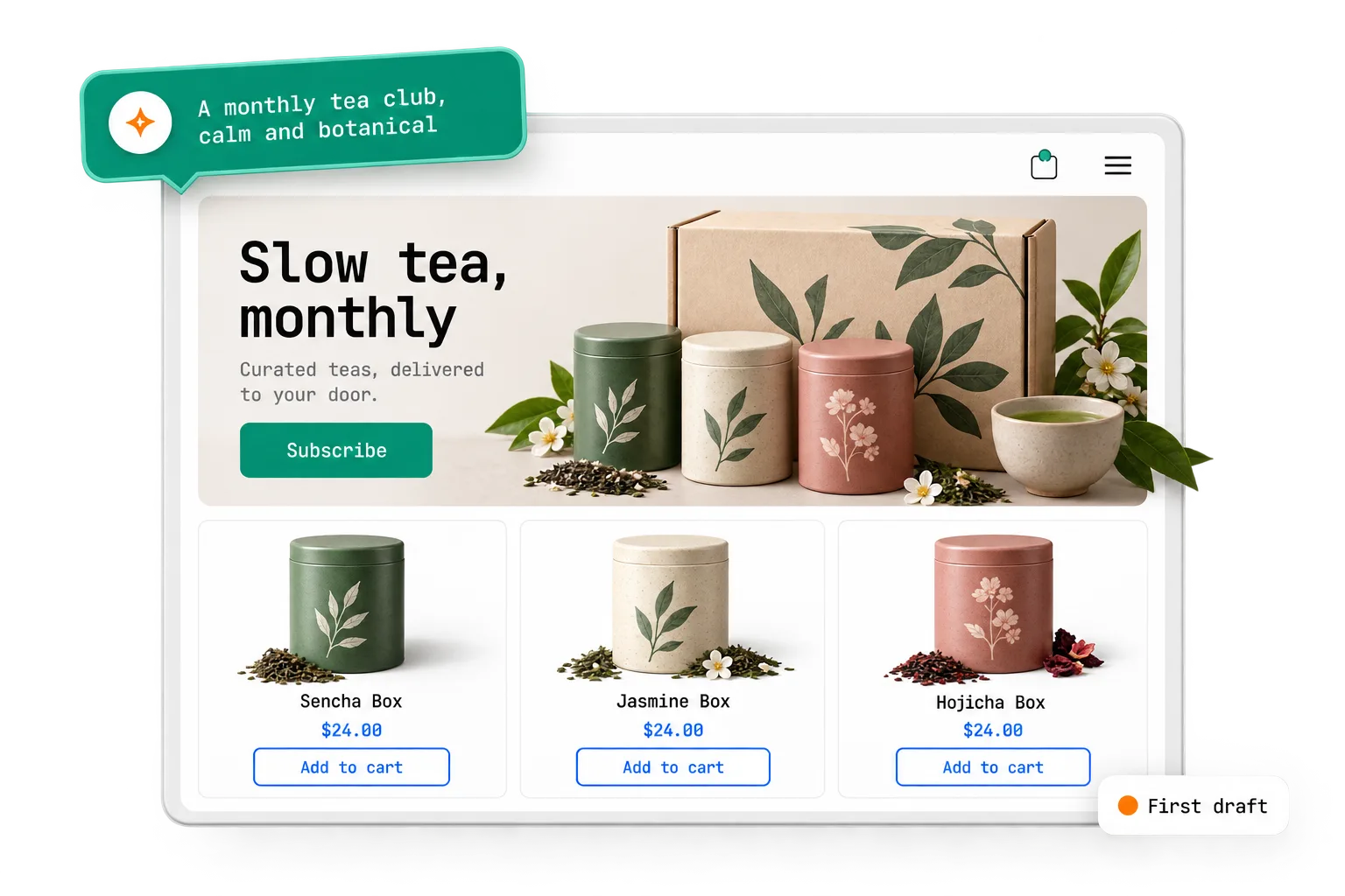 A first draft of a tea club store, with the one-line description that created it