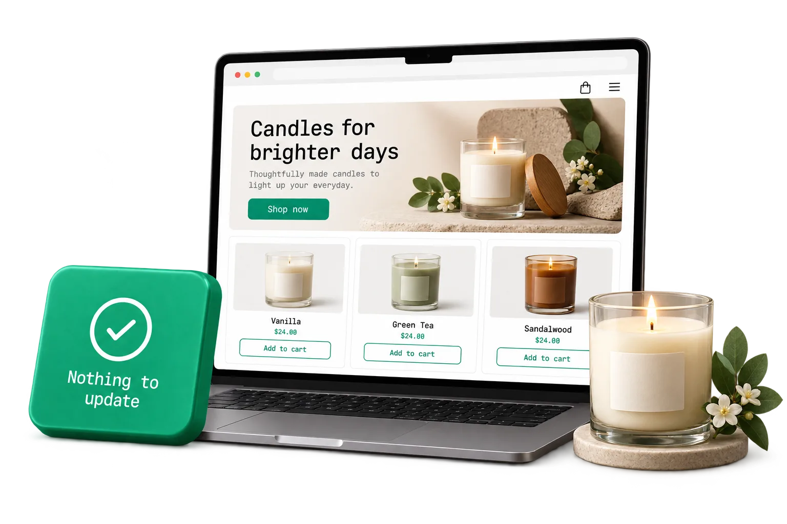 A candle store on a laptop with a tile reading Nothing to update