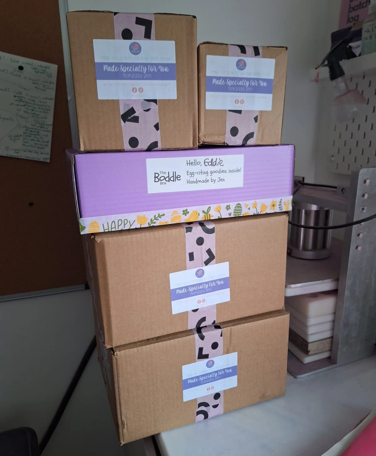 Stacked Boddle Box mailers ready to ship