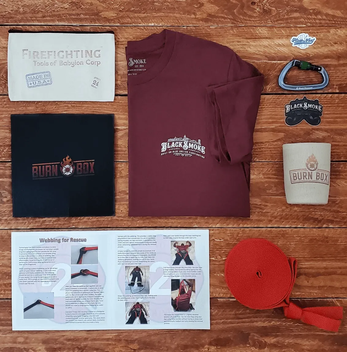 Burn Box apparel, patches and tools laid out