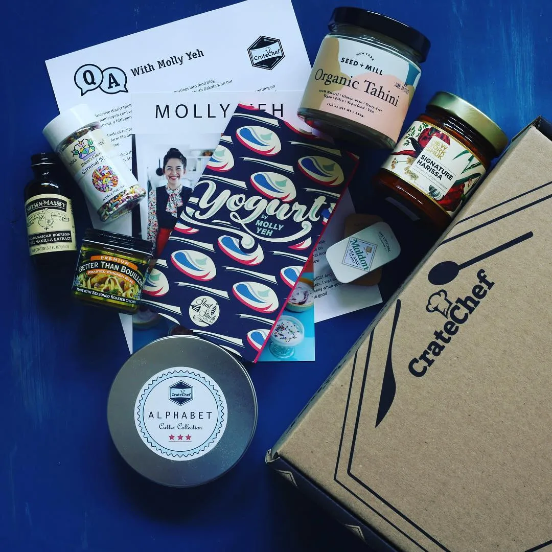 A CrateChef box of seasonings and kitchen tools
