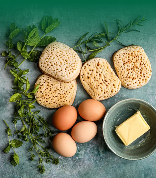 Crumpets, eggs and butter from Earth & Wheat
