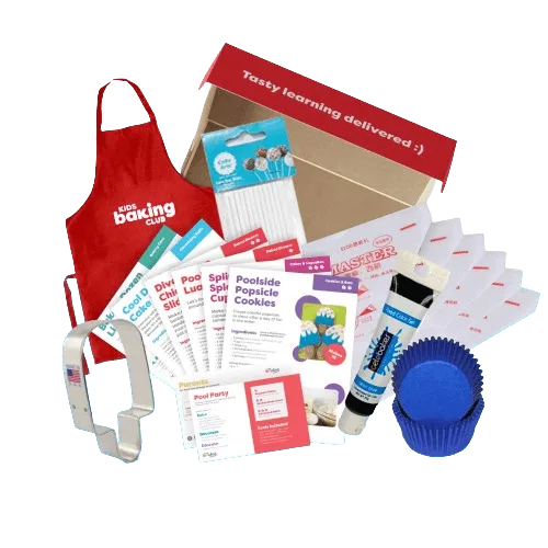 A Kids Baking Club kit with apron and supplies