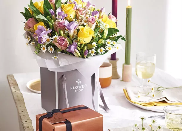 A Marks & Spencer bouquet in its gift bag