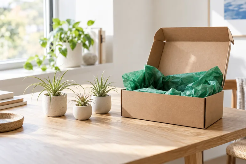 Three potted air plants beside an open subscription box lined with green tissue paper