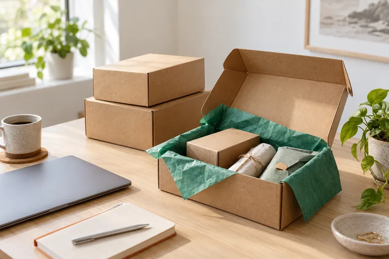Subscription boxes in kraft card on a desk, one open with green tissue paper and products inside