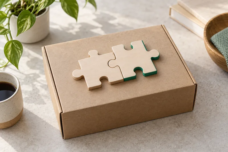 Two wooden puzzle pieces fitted together on the lid of a subscription box