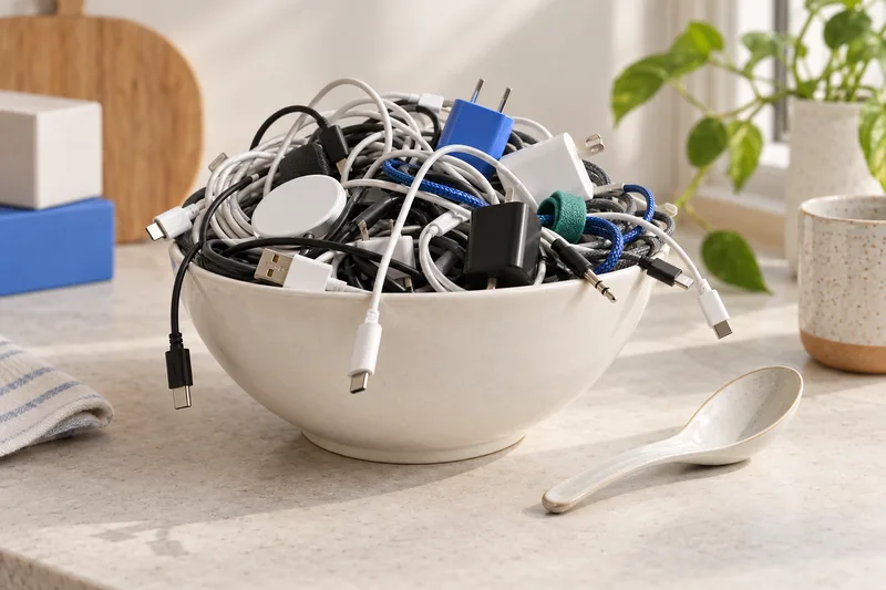A soup bowl overflowing with tangled cables, plugs and adapters
