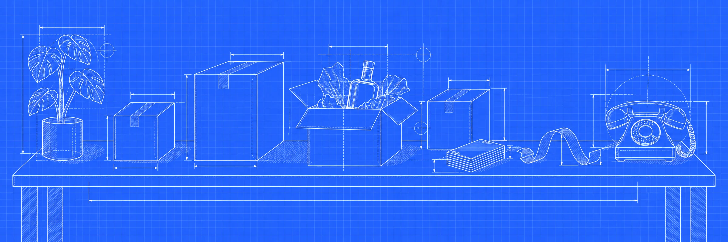 Blueprint drawing of shipping boxes, a plant, a rotary phone and a ribbon on a table, with dimension lines