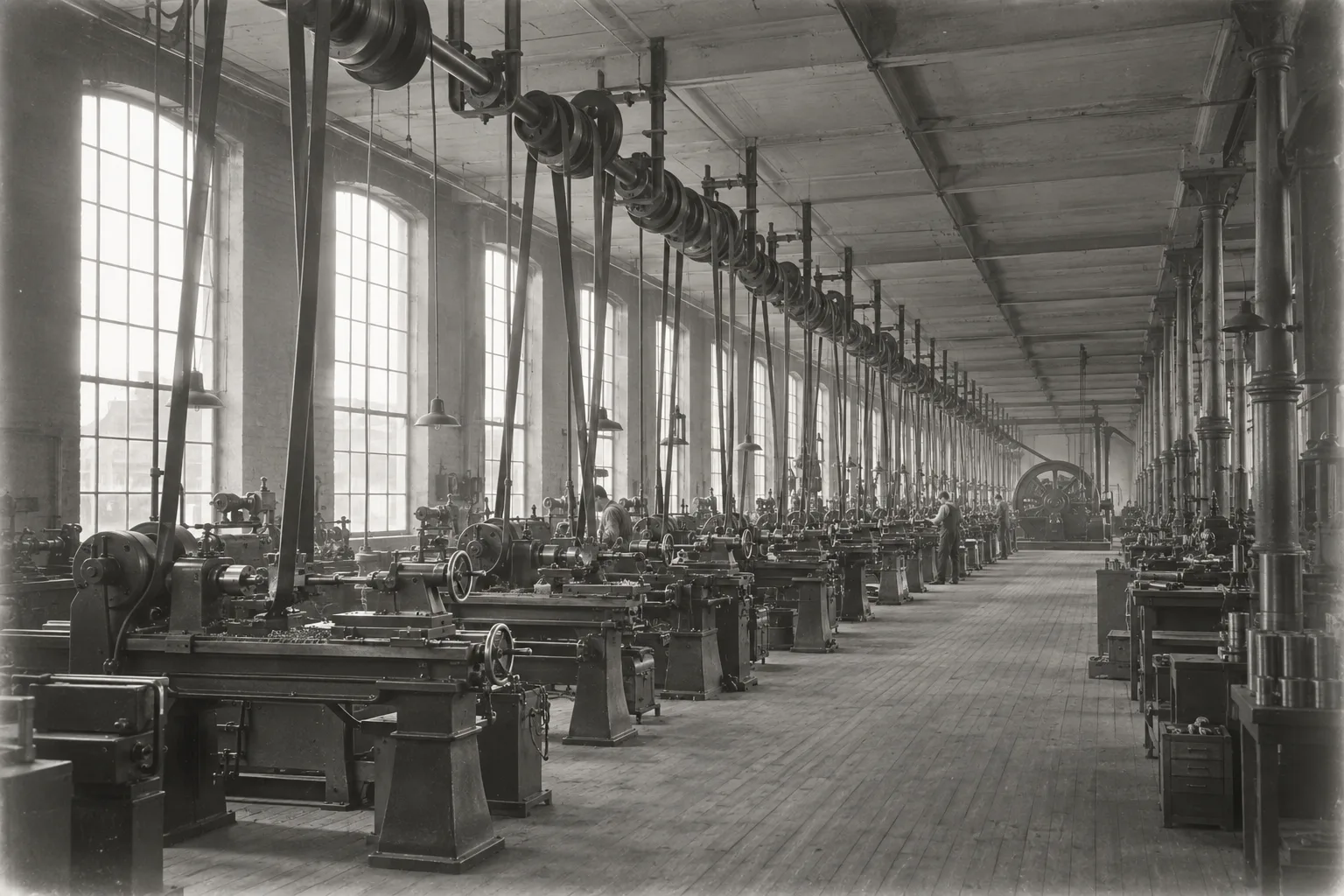 A factory hall with one line shaft along the ceiling driving rows of machines by belt