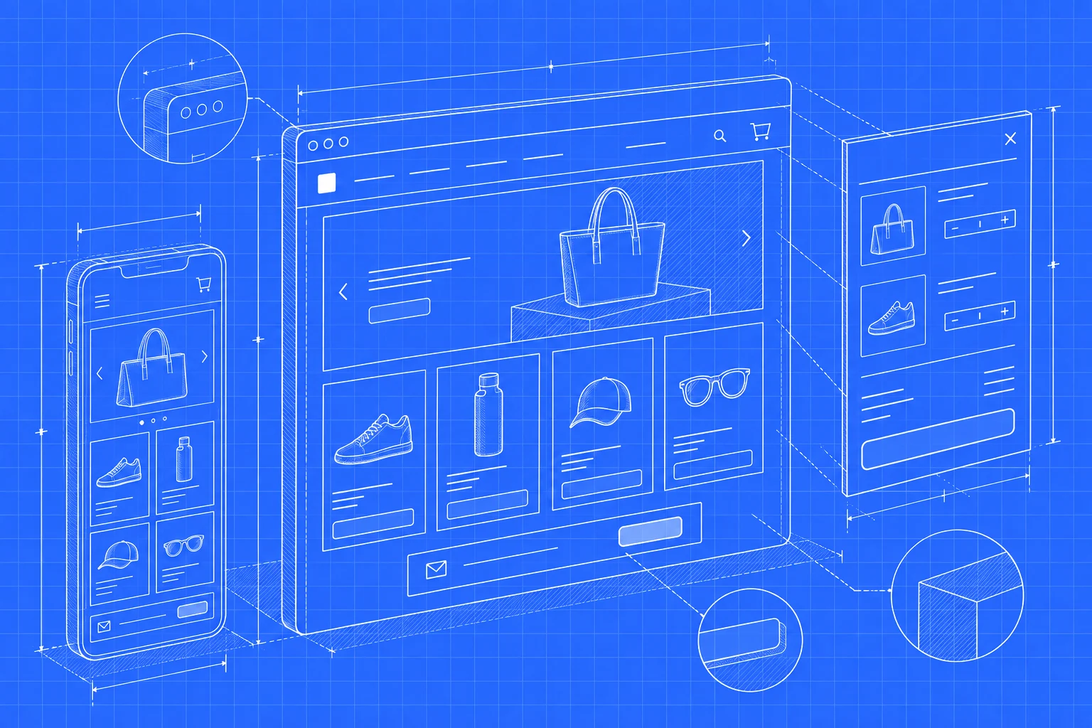 Blueprint drawing of an online store on a desktop browser, a phone and a checkout panel, with dimension lines