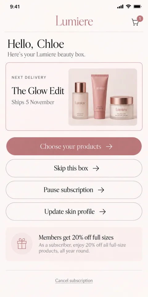 Lumiere: a beauty box customer portal on a phone