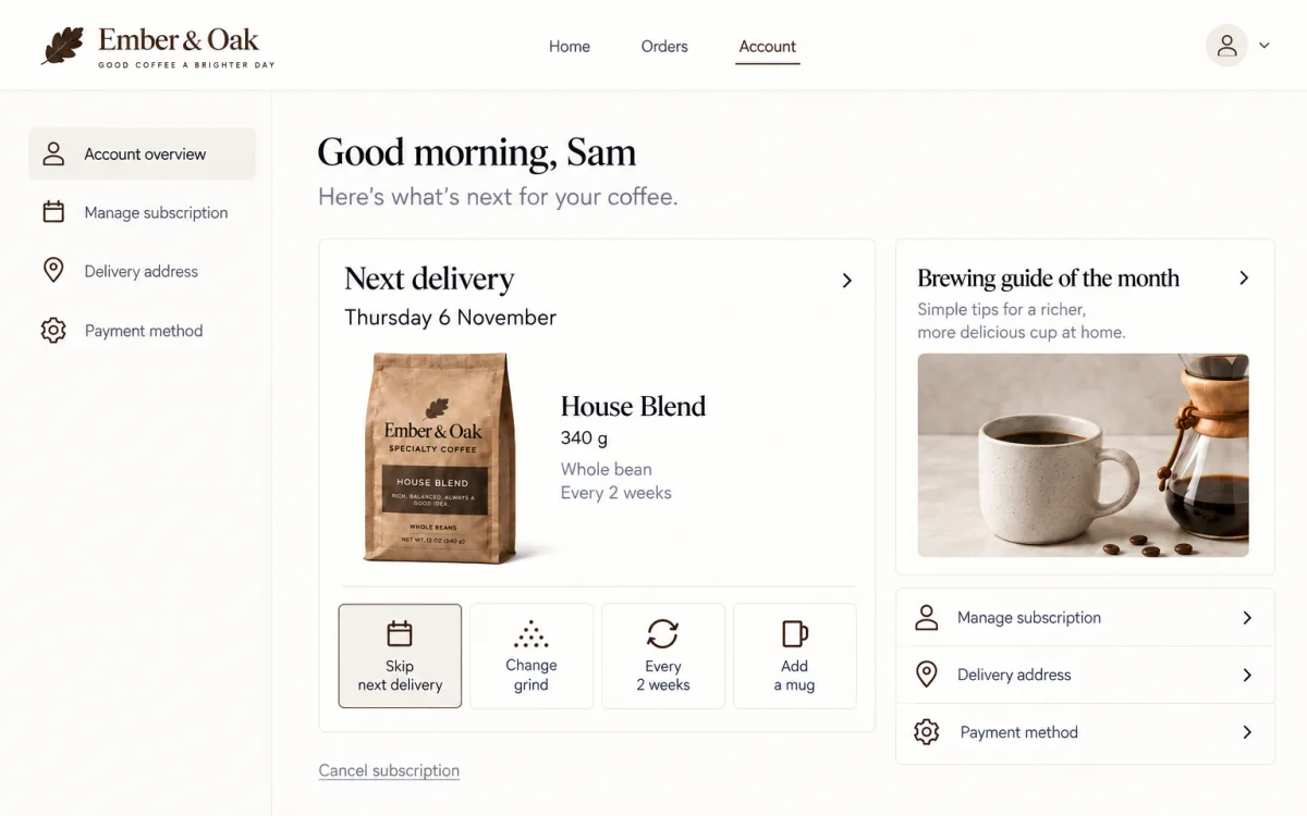 Ember & Oak: a coffee replenishment customer portal on a laptop