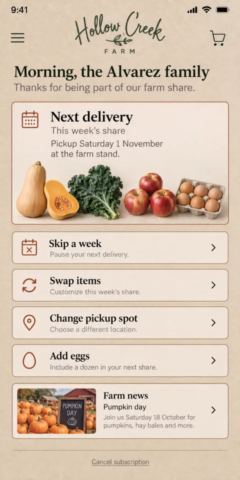 Hollow Creek Farm: a farm share customer portal on a phone