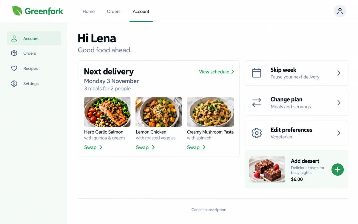 Greenfork: a meal kit customer portal on a laptop