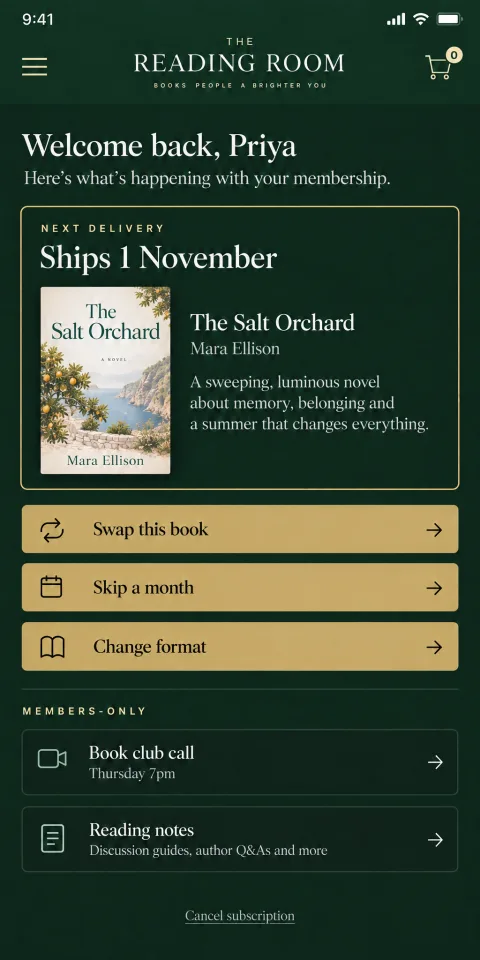 The Reading Room: a membership customer portal on a phone