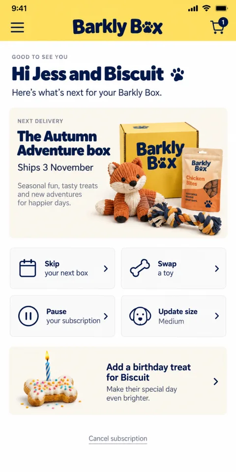 Barkly Box: a pet box customer portal on a phone