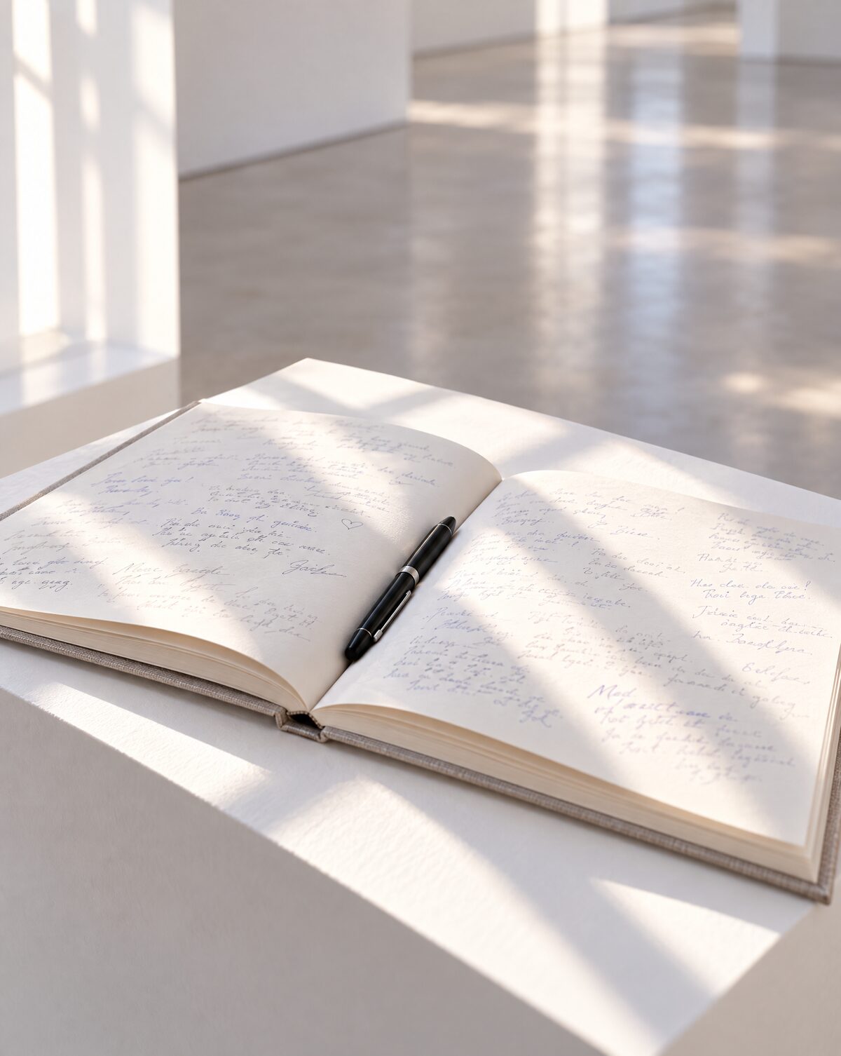 An open visitors’ book on a white plinth in window light