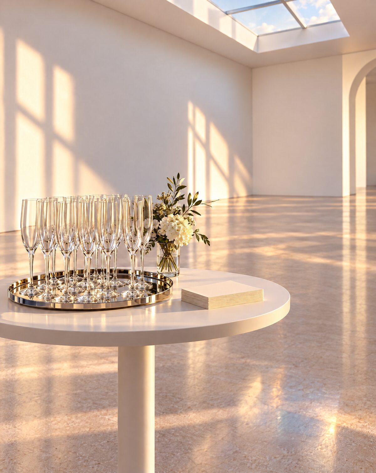 A table set for opening night: champagne glasses, white flowers and invitation cards
