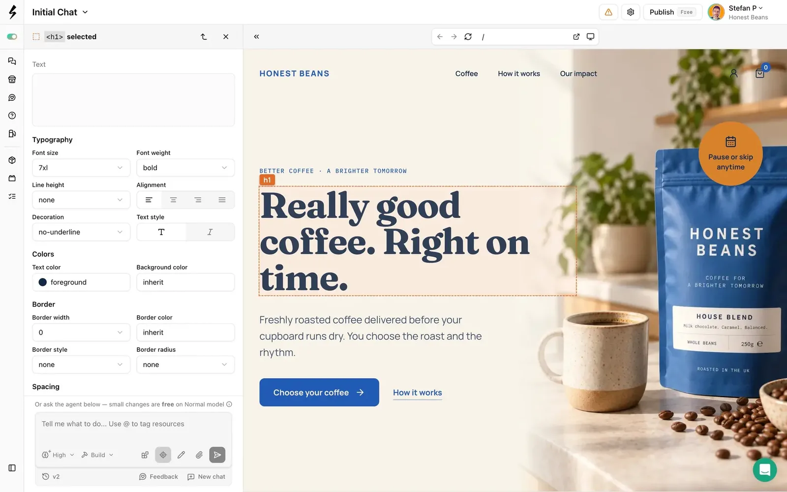 The Subbly AI website builder with a coffee subscription homepage open and its headline selected for editing