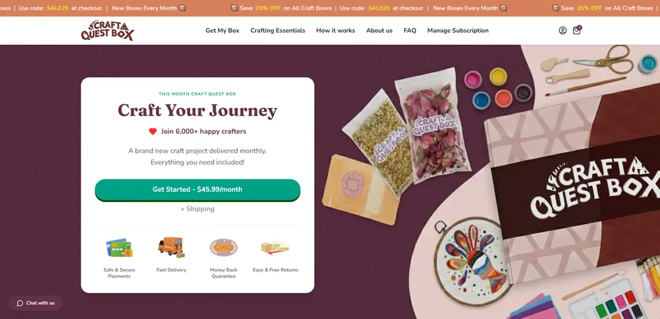 Craft Quest Box subscription website template built with Subbly