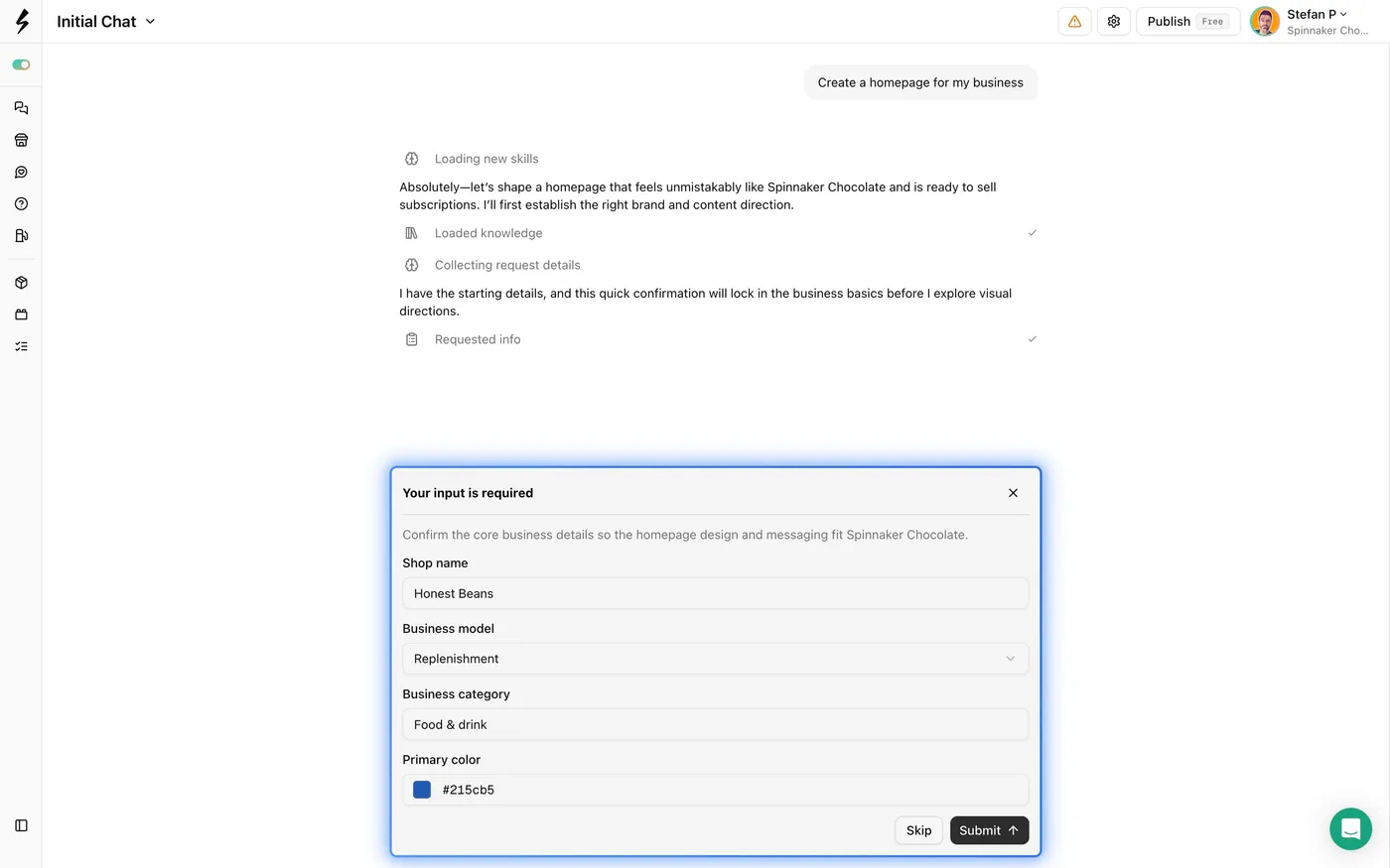 The agent asking to confirm the shop name, business model, category and primary colour