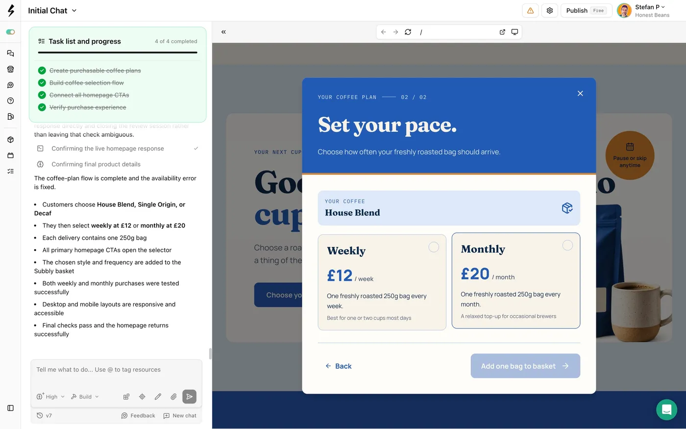 Products and a subscription purchase flow created by the agent