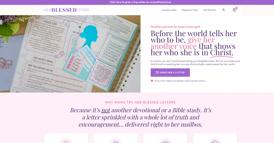 Her Blessed Letters subscription website template built with Subbly