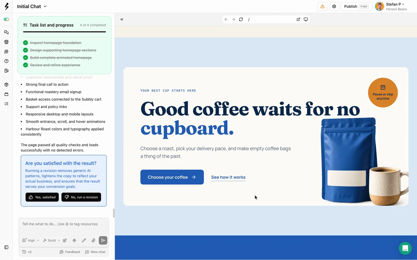 A call to action section of a coffee subscription site built by the Subbly agent, shown in the builder preview