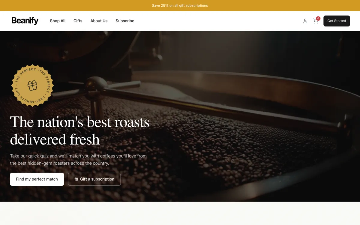 The Beanify homepage on a laptop, built on Subbly.